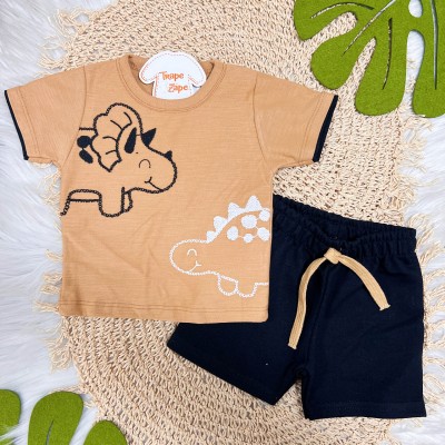 Conj. Camiseta Dinos Bordados e Bermuda - Carmelo e Preto